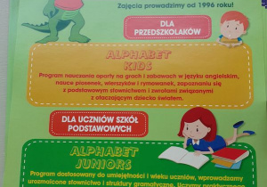 plakat przedstawiający ofertę zajęć dodatkowych dla dzieci firmy Alphabet