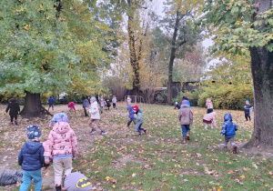 "Wykopki w ogrodzie" - dzieci chodza po ogrodzie i zbierają ziemniaki