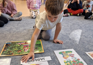 Chłopiec dokłada napis do odpowiedniej ilustracji