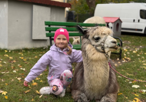 Dziecko przytula się do alpaki