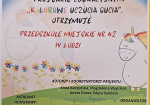 Certyfikat dla przedszkola za udział w Międzynarodowym Projekcie Edukacyjnym "Kolorowe uczucia Gucia"